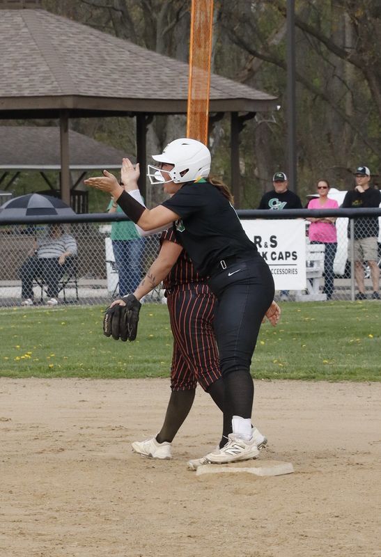 Conotton Valley senior Maddie Kelley celebrates on second base in their game against Strasburg-Franklin on April 14, 2026.