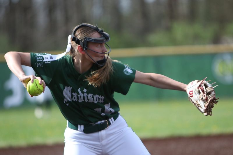 Madison's Makena Berkshire makes a play at third base during the Rams' 1-0 extra-inning, walk-off, Ohio Cardinal Conference win over New Philadelphia on Tuesday, April 14, 2026.