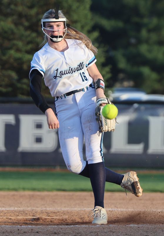 Louisville pitcher Katelynn Miller delivers against Jackson at Louisville. Tuesday, April 14, 2026.