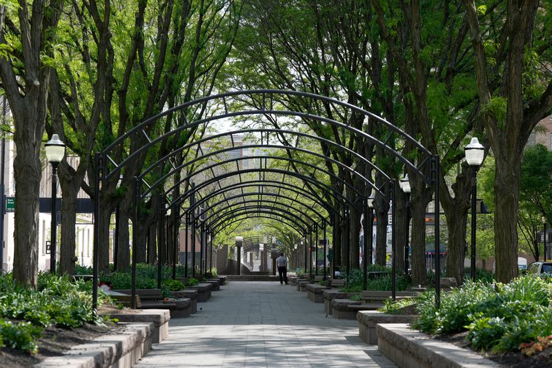Piatt Park was quiet and mostly empty on April 16. At times, the benches are lined with homeless persons seeking refuge.