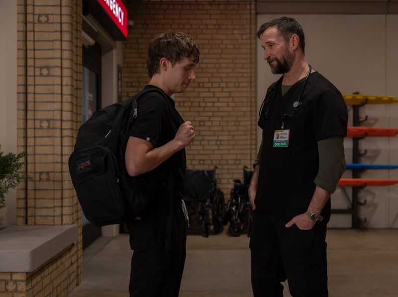 Gerran Howell and Noah Wyle in the final moments of "The Pitt" Episode 2.