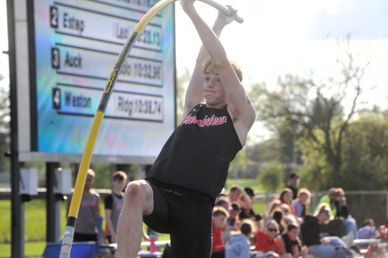 Crestview's Liam Kuhn launches himself over the bar in the pole vault at the Ontario Relays on April 16, 2026.
