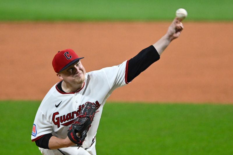 Apr 16, 2026; Cleveland, Ohio, USA; Cleveland Guardians starting pitcher Parker Messick (77) delivers a pitch in the ninth inning against the Baltimore Orioles cat Progressive Field. Mandatory Credit: David Richard-Imagn Images