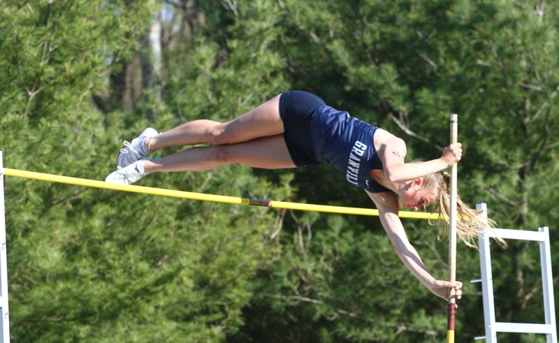 Granville's Annie McCracken clears a height in the midst of her state-record performance during the Granville Invitational at Walter J. Hodges Stadium on April 17, 2026.