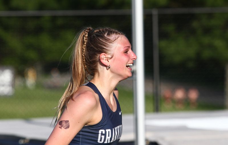 Granville's Annie McCracken celebrates clearing a height in the midst of her state-record performance during the Granville Invitational at Walter J. Hodges Stadium on April 17, 2026.