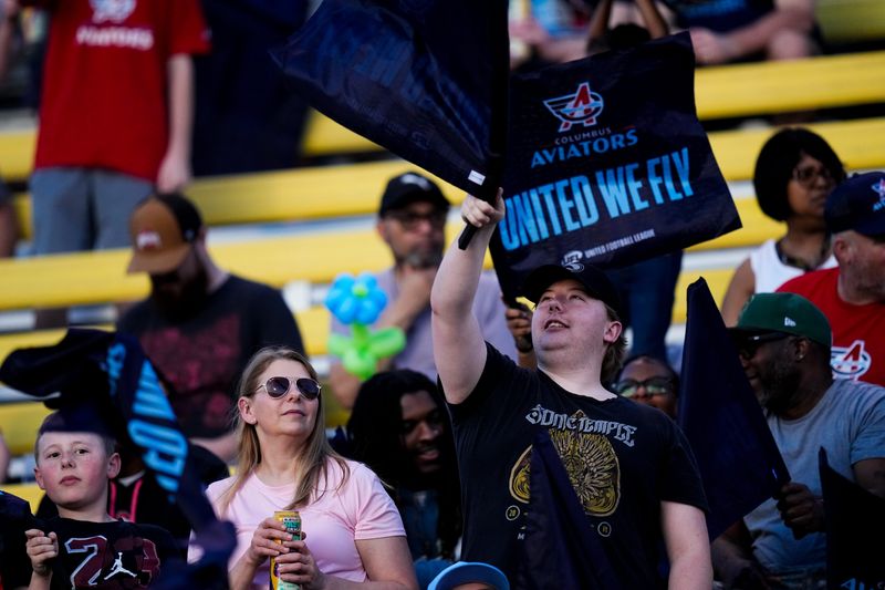 Columbus Aviator fans celebrate in the first half of the UFL game at Historic Crew Stadium on Friday, April 17, 2026 in Columbus, Ohio.