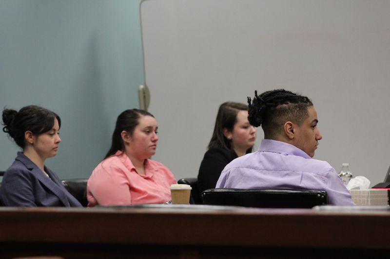 Tashaun Adams, right, and Selena Farrell, center left, during their trial in Kenton County Circuit Court on April 17, 2026.