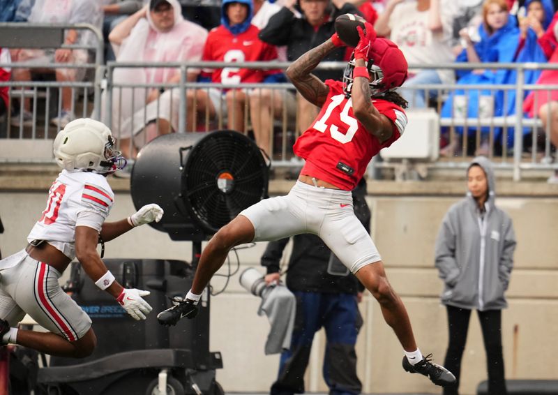 Wide receiver Chris Henry Jr. catches a pass over safety Leroy Roker III during the Ohio State spring game.