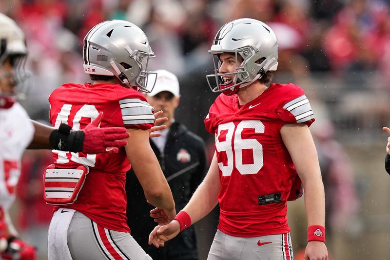 Kicker Connor Hawkins (96) reacts after making a field goal in the first half of the Ohio State football spring game on April 18.