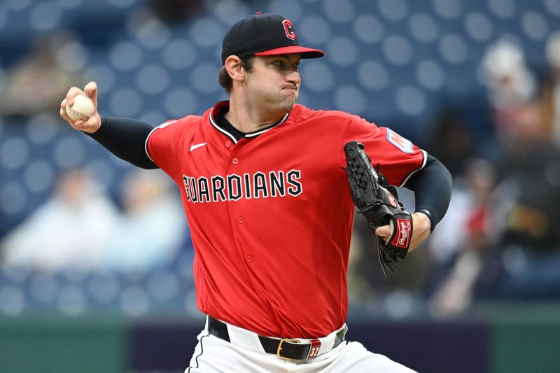 Guardians starting pitcher Gavin Williams throws a first-inning pitch against the Baltimore Orioles, April 18, 2026, in Cleveland.
