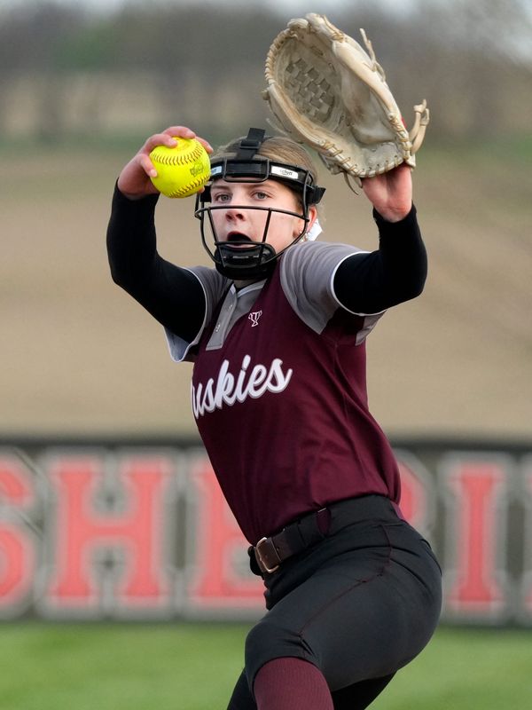 John Glenn sophomore Kendall Snider fire a pitch during a game against Sheridan on April 6, 2026, in Reading Township, Ohio. Snider struck out 182 batters in 2025 and is the Muskingum Valley League' top returning pitcher.