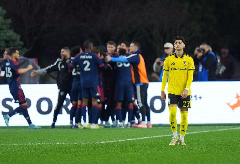 Apr 18, 2026; Foxborough, Massachusetts, USA; Columbus Crew midfielder Max Arfsten (27) reacts after a penalty kick goal by the New England Revolution in the second half at Gillette Stadium. Mandatory Credit: David Butler II-Imagn Images