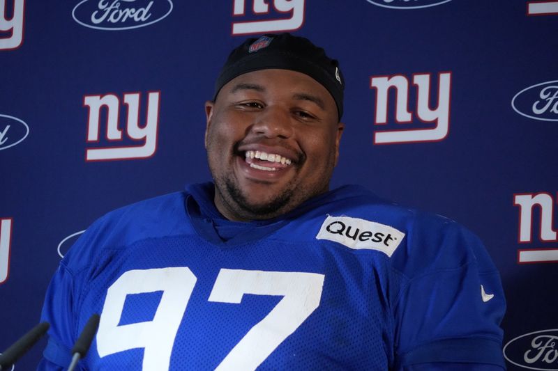 Nov 8, 2024; Munich, Germany; New York Giants defensive tackle Dexter Lawrence II (97) during press conference at the FC Bayern Munchen training grounds at Sabener Strasse. Mandatory Credit: Kirby Lee-Imagn Images