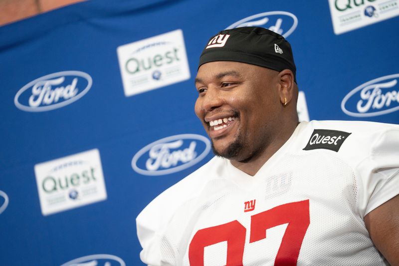 New York Giants defensive tackle Dexter Lawrence II (97) speaks at a press conference during day one of the New York Giants training camp at Quest Diagnostics Giants Training Center in East Rutherford on Wednesday, July 23, 2025.
