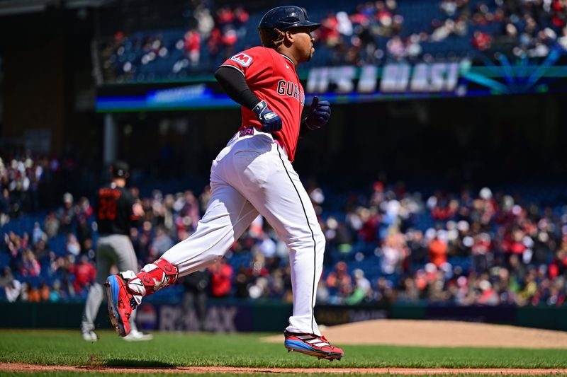 Apr 19, 2026; Cleveland, Ohio, USA; Cleveland Guardians third baseman Jose Ramirez (11) runs the bases after hitting a solo home run off Baltimore Orioles starting pitcher Trevor Rogers (28) during the fourth inning at Progressive Field. Mandatory Credit: David Dermer-Imagn Images