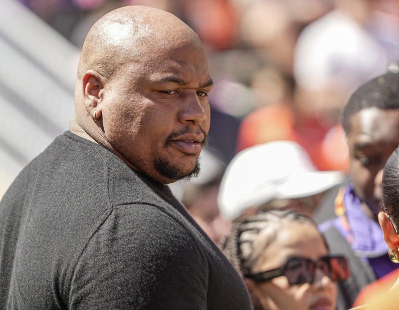 Former Clemson football defensive player Dexter Lawrence during the first half at the annnual Clemson Orange and White spring game at Memorial Stadium in Clemson, South Carolina Saturday, March 28, 2026.