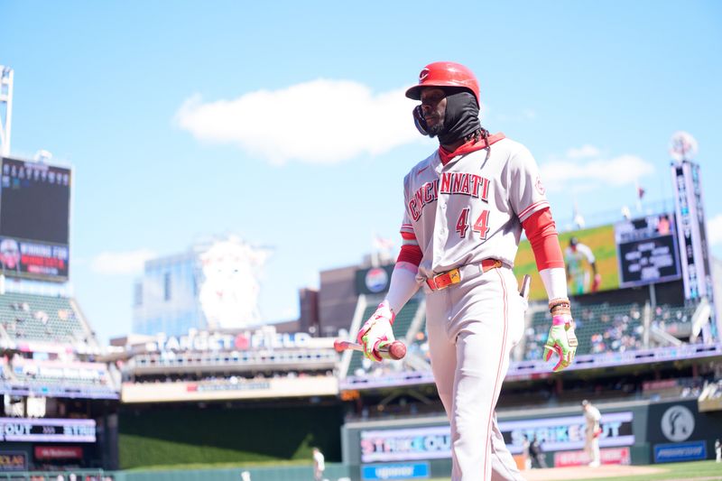 Reds shortstop Elly de la Cruz heads back to the dugout after striking out against Twins pitcher Andrew Morris (78) in the eighth inning at Target Field April 19.