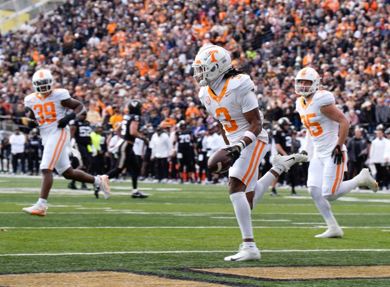Tennessee defensive back Jermod McCoy (3) reacts after gaining control of a fumble during the second quarter at FirstBank Stadium in Nashville, Tenn., Saturday, Nov. 30, 2024.