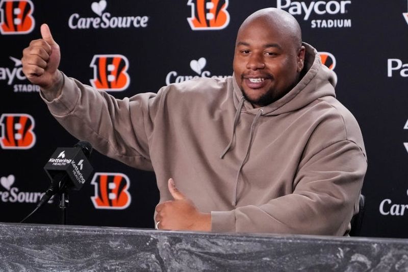 Defensive tackle Dexter Lawrence addresses the media April 20, 2026, at Paycor Stadium for the first time since becoming a Cincinnati Bengal.