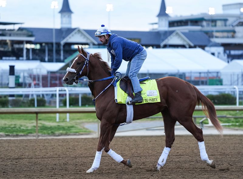 2026 Kentucky Derby horse Right To Party on the track during a morning workout at Churchill Downs in Louisville, Kentucky. April 20, 2026