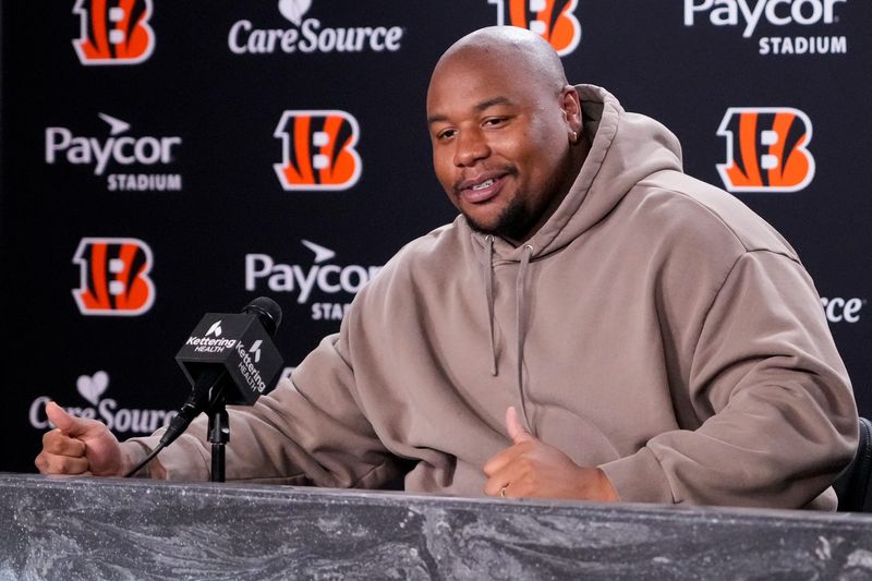 Newly signed Cincinnati Bengals defense tackle Dexter Lawrence speaks in a press conference for the first time since joining the team at Paycor Stadium in Cincinnati on Monday, April 20, 2026.