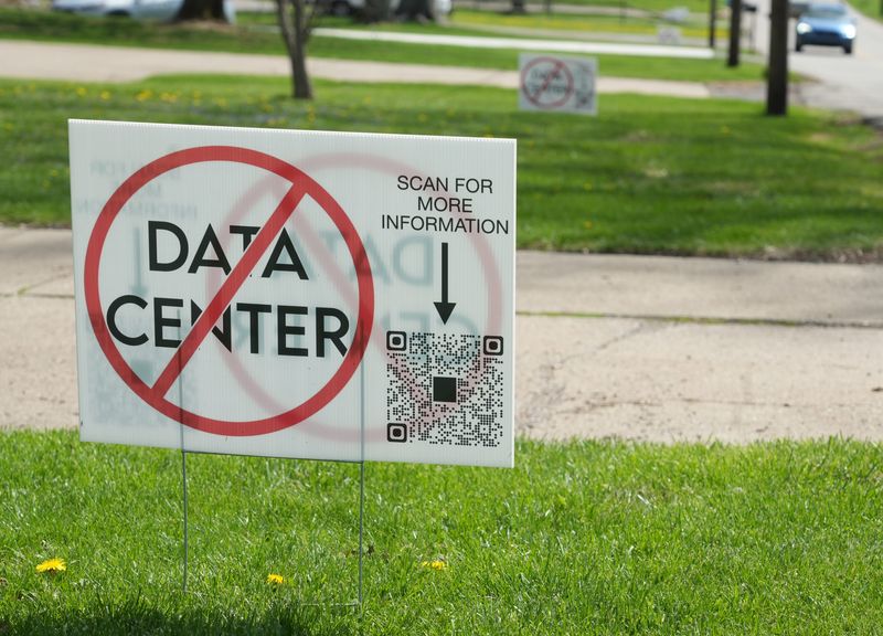 Anti-data center signs dot Kropf Avenue SW in Perry Township, where a large data center is planned. Ohio has the sixth most data centers in the country. But mounting pressure from residents could force a change.