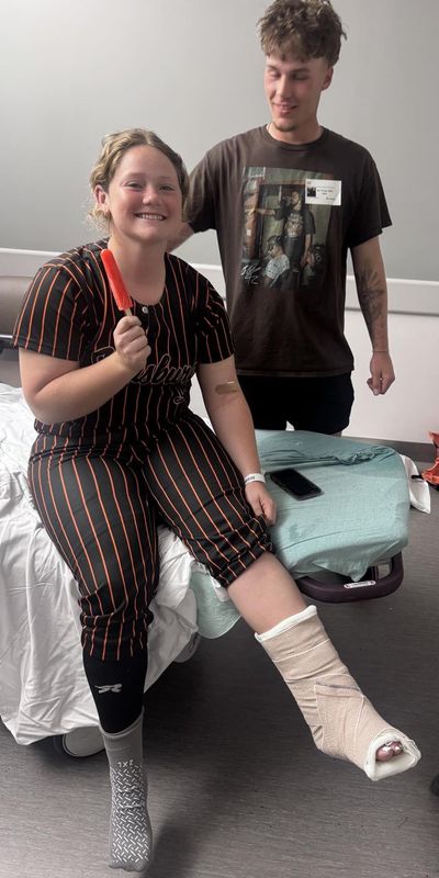 Strasburg-Franklin's Ella Gilkerson in the hospital room after breaking her foot on April 18, 2026.