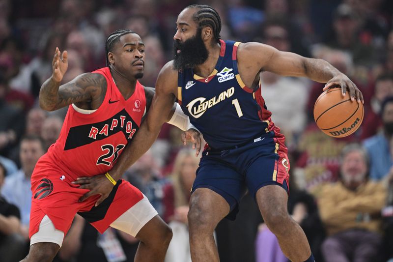 Apr 20, 2026; Cleveland, Ohio, USA; Cleveland Cavaliers guard James Harden (1) is defended by Toronto Raptors guard Jamal Shead (23) during the first half during game two of the first round of the 2026 NBA Playoffs at Rocket Arena. Mandatory Credit: David Dermer-Imagn Images