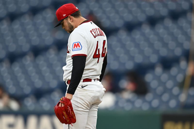 Cleveland Guardians starting pitcher Slade Cecconi reacts after the Houston Astros scored a run in the fifth inning April 20, 2026, in Cleveland.
