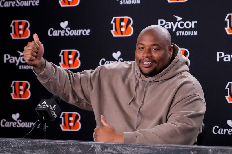 Newly signed Cincinnati Bengals defense tackle Dexter Lawrence speaks in a press conference for the first time since joining the team at Paycor Stadium in Cincinnati on Monday, April 20, 2026.
