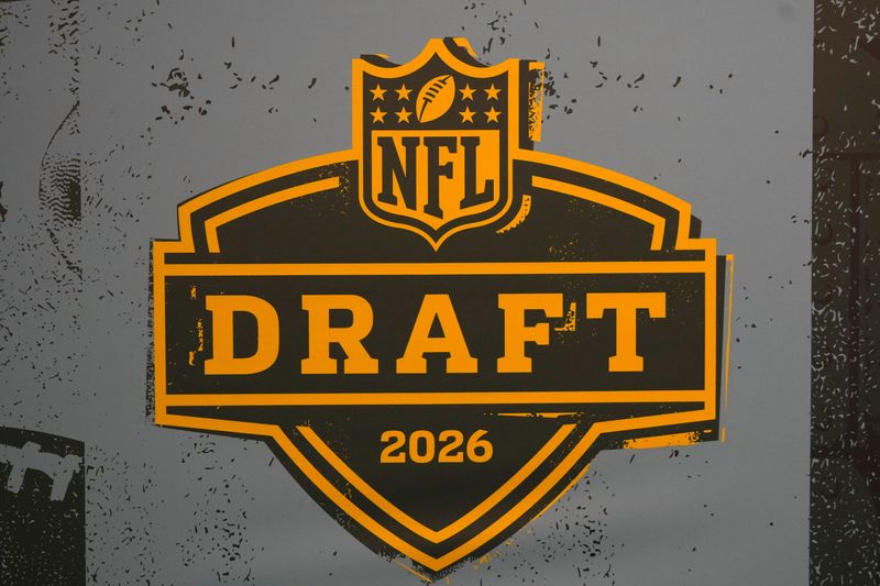 The 2026 NFL Draft logo at the Super Bowl LX Experience at the Moscone Center, Feb. 6, 2026, in San Francisco.
