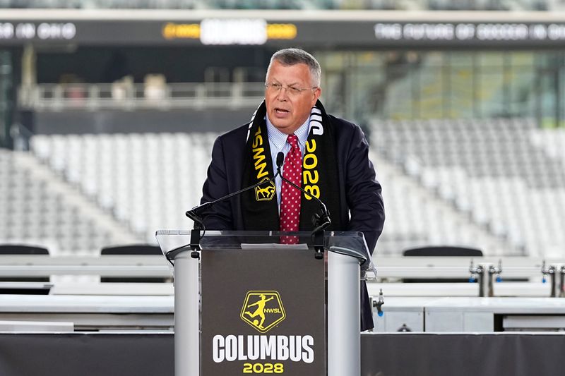 Nationwide CEO Kirt Walker speaks during a press conference to announce Columbus as the National Women’s Soccer League's 18th club at ScottsMiracle-Gro Field on April 21, 2026. The club, set to begin play in 2028, will be owned by Haslam Sports Group (HSG), Nationwide and Drs. Christine and Pete Edwards.