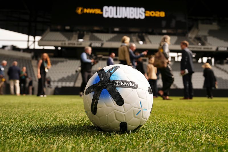 An NWSL soccer ball sits on the field following a press conference to announce Columbus as the National Women’s Soccer League's 18th club at ScottsMiracle-Gro Field on April 21, 2026. The club, set to begin play in 2028, will be owned by Haslam Sports Group (HSG), Nationwide and Drs. Christine and Pete Edwards.