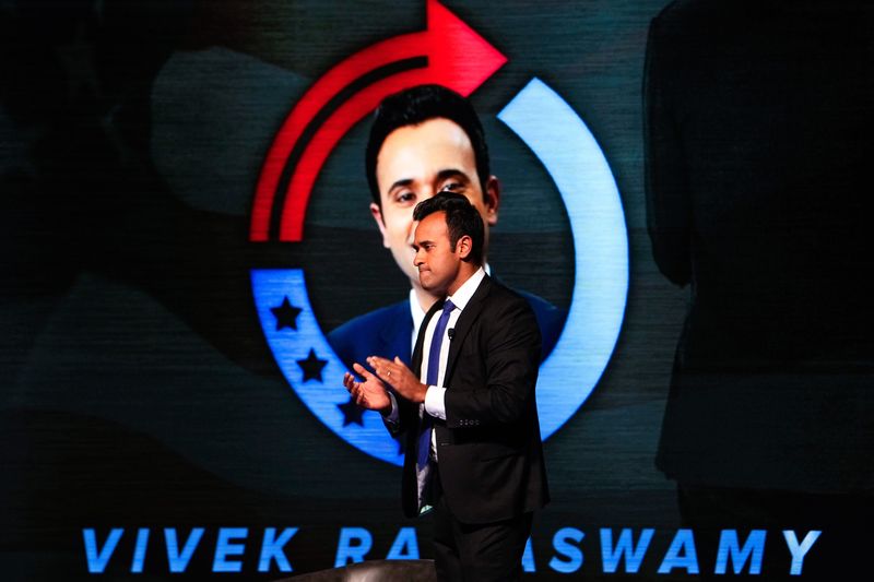 Ohio gubernatorial candidate Vivek Ramaswamy takes the stage during Turning Point USA's tour stop at Ohio State University at Mershon Auditorium on April 21.