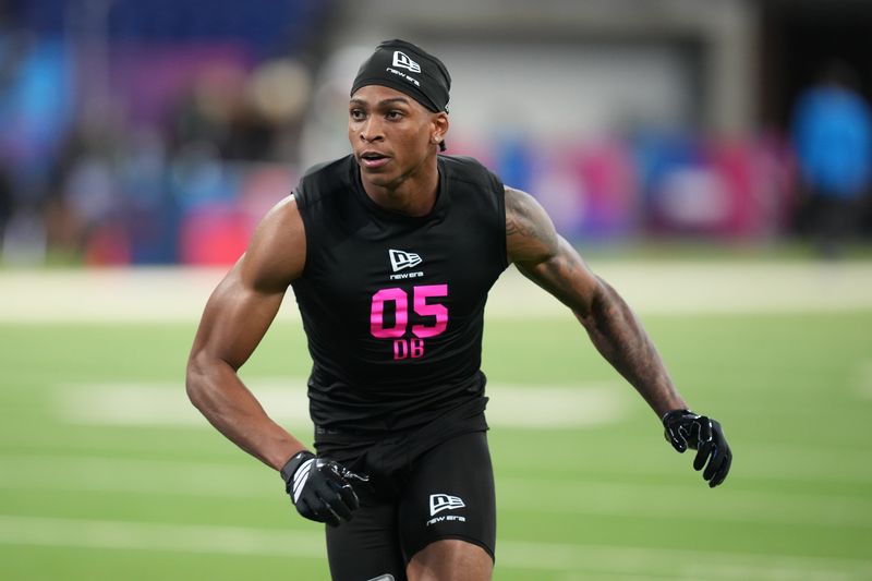 Feb 27, 2026; Indianapolis, IN, USA; Washington defensive back Tacario Davis (DB05) during the NFL Scouting Combine at Lucas Oil Stadium. Mandatory Credit: Kirby Lee-Imagn Images