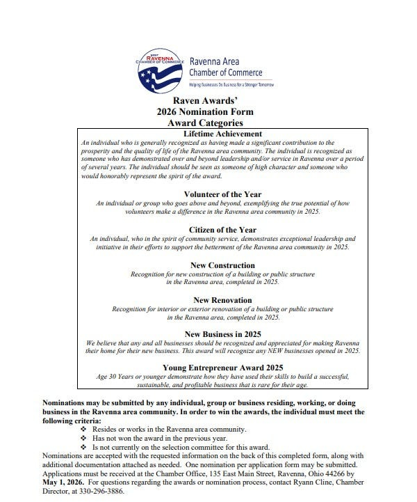 Nominations for the Ravenna Area Chamber of Commerce Raven Awards are due May 1.