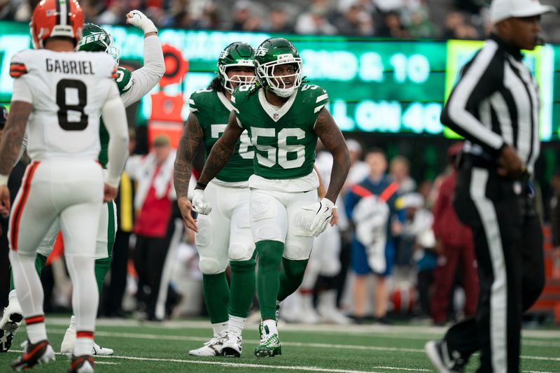 New York Jets linebacker Quincy Williams (56) celebrates after making a tackle during an NFL Week 10 game between the New York Jets and the Cleveland Browns at MetLife Stadium on Sunday, Nov. 9, 2025.