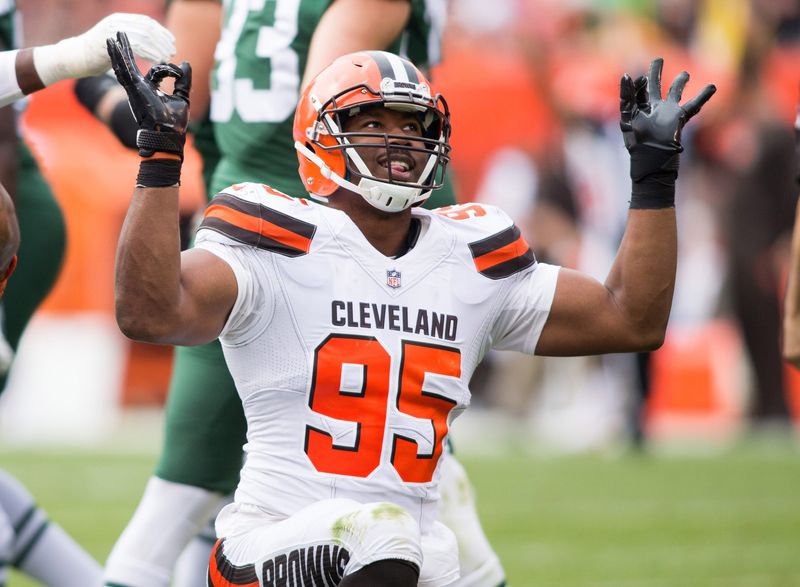 Oct 8, 2017; Cleveland, OH, USA; Cleveland Browns defensive end Myles Garrett (95) celebrates his sack on New York Jets quarterback Josh McCown during the second quarter at FirstEnergy Stadium. Mandatory Credit: Scott R. Galvin-USA TODAY Sports