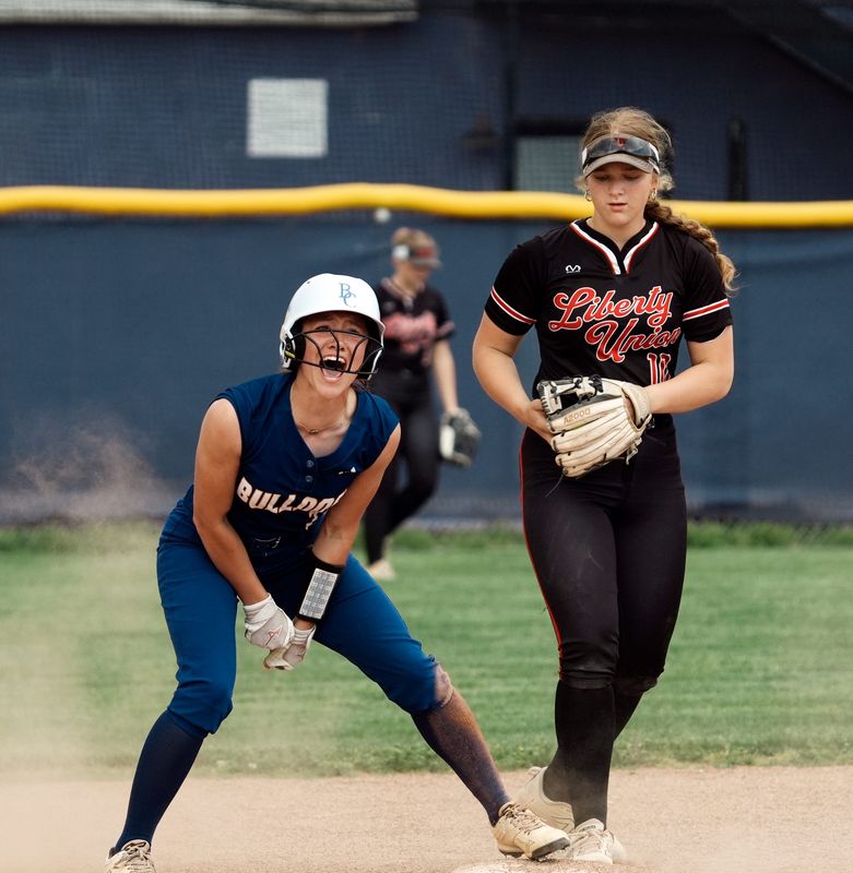 Bloom-Carroll's Emma Brandt celebrates hitting a double in the bottom of the first inning in the game against Liberty Union on April 22, 2026, at Bloom-Carroll High School. The game was delayed due to rain after her at-bat.