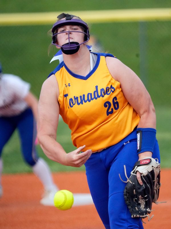West Muskingum freshman Katelyn Stewart fires a pitch against host Maysville in a high school softball game on Tuesday, April 21, 2026, in Newton Township, Ohio.
