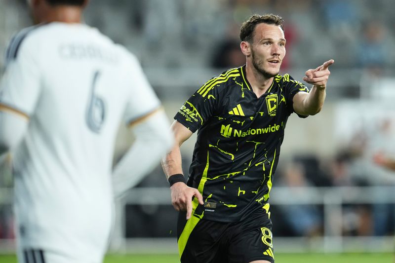 Crew forward Daniel Gazdag reacts after scoring a goal against the LA Galaxy on April 22.