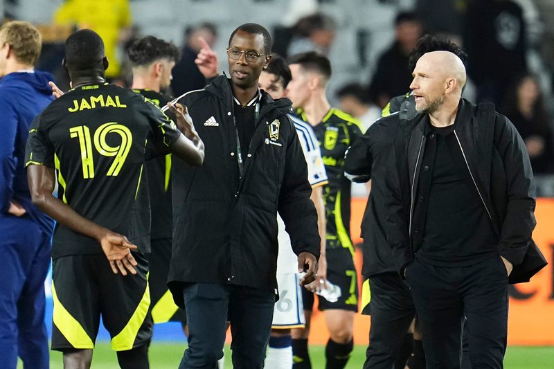 Columbus Crew head coach Henrik Rydstrom and general manager Issa Tall talk to forward Jamal Thiare (19) following the MLS match against the LA Galaxy at ScottsMiracle-Gro Field in Columbus on April 22, 2026.