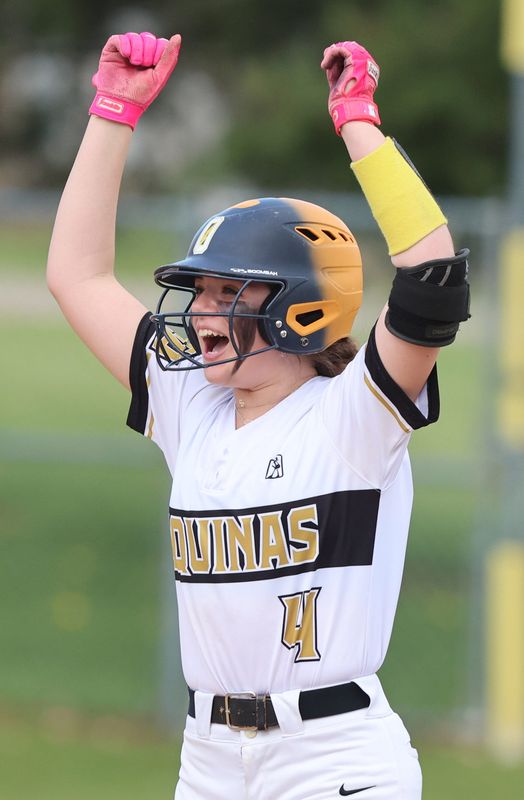 Aquinas’ Eleana Faulkner celebrates a double against Leetonia Thursday, April 23, 2026