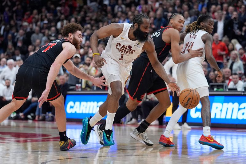 Apr 23, 2026; Toronto, Ontario, CAN; Cleveland Cavaliers guard James Harden (1) drives to the basket against Toronto Raptors forward Jamison Battle (77) and guard Scottie Barnes (4) during the second half of game three of the first round of the 2026 NBA Playoffs at Scotiabank Arena. Mandatory Credit: John E. Sokolowski-Imagn Images