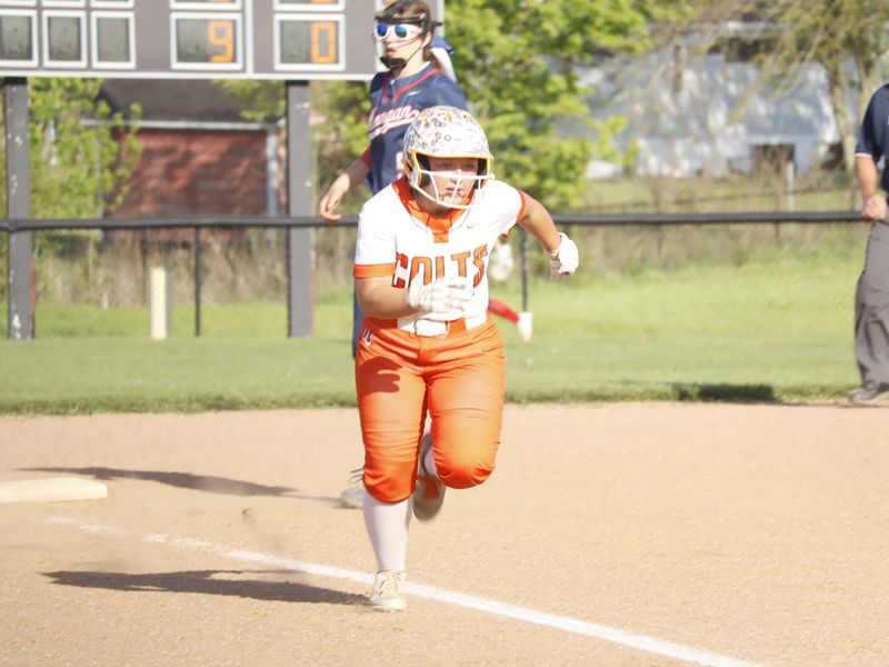 Meadowbrook's Jordyn Vargeson (19) heads for home plate during the Colts 11-1 MVL victory over Morgan on Thursday, April 23, 2026 in Byesville.