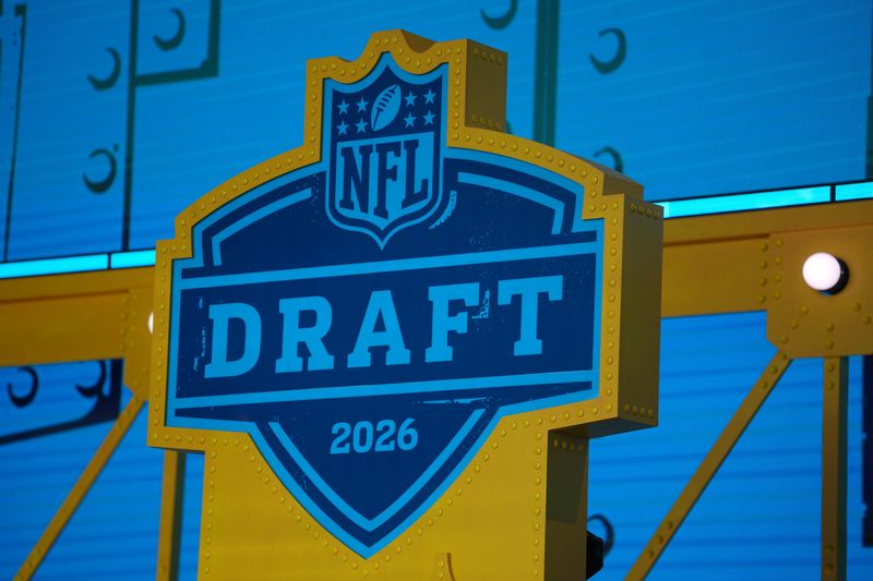 The 2026 NFL Draft logo on the theater stage at Acrisure Stadium, April 23, 2026, in Pittsburgh.