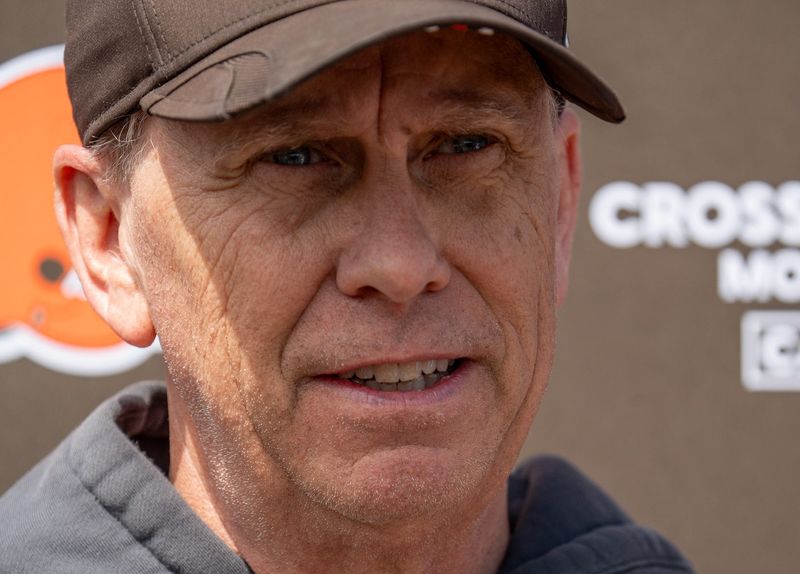 Coach Todd Monken answers media questions at the end of the Browns mini camp in Berea on April 21, 2026.