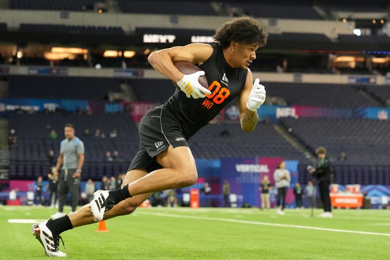Washington wideout Denzel Boston during the NFL Scouting Combine at Lucas Oil Stadium. Mandatory Credit: Kirby Lee-Imagn Images