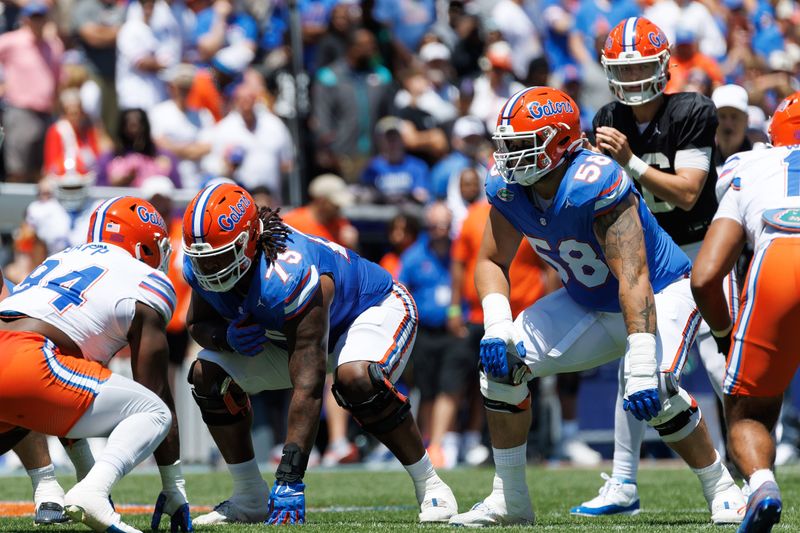 Apr 12, 2025; Gainesville, FL, USA; Florida Gators offensive lineman Kamryn Waites (75) and Florida Gators offensive lineman Austin Barber (58) wait for the snap during the first half at Ben Hill Griffin Stadium. Mandatory Credit: Matt Pendleton-Imagn Images