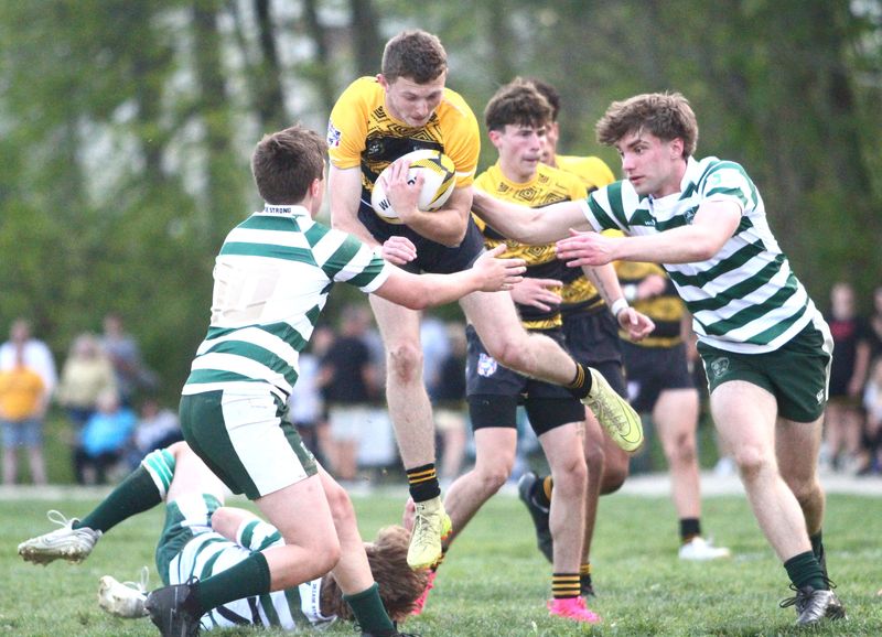 Warrior Rugby's Ethan Horn jumps between defenders during a 76-12 victory against Dublin on April 24, 2026.